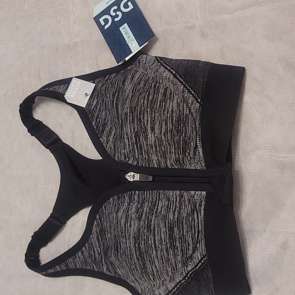 DSG DICKS SPORTING GOODS WOMEN'S MEDIUM ZIP-FRONT SPORTS BRA: BLACK/GRAY:NWT: XS